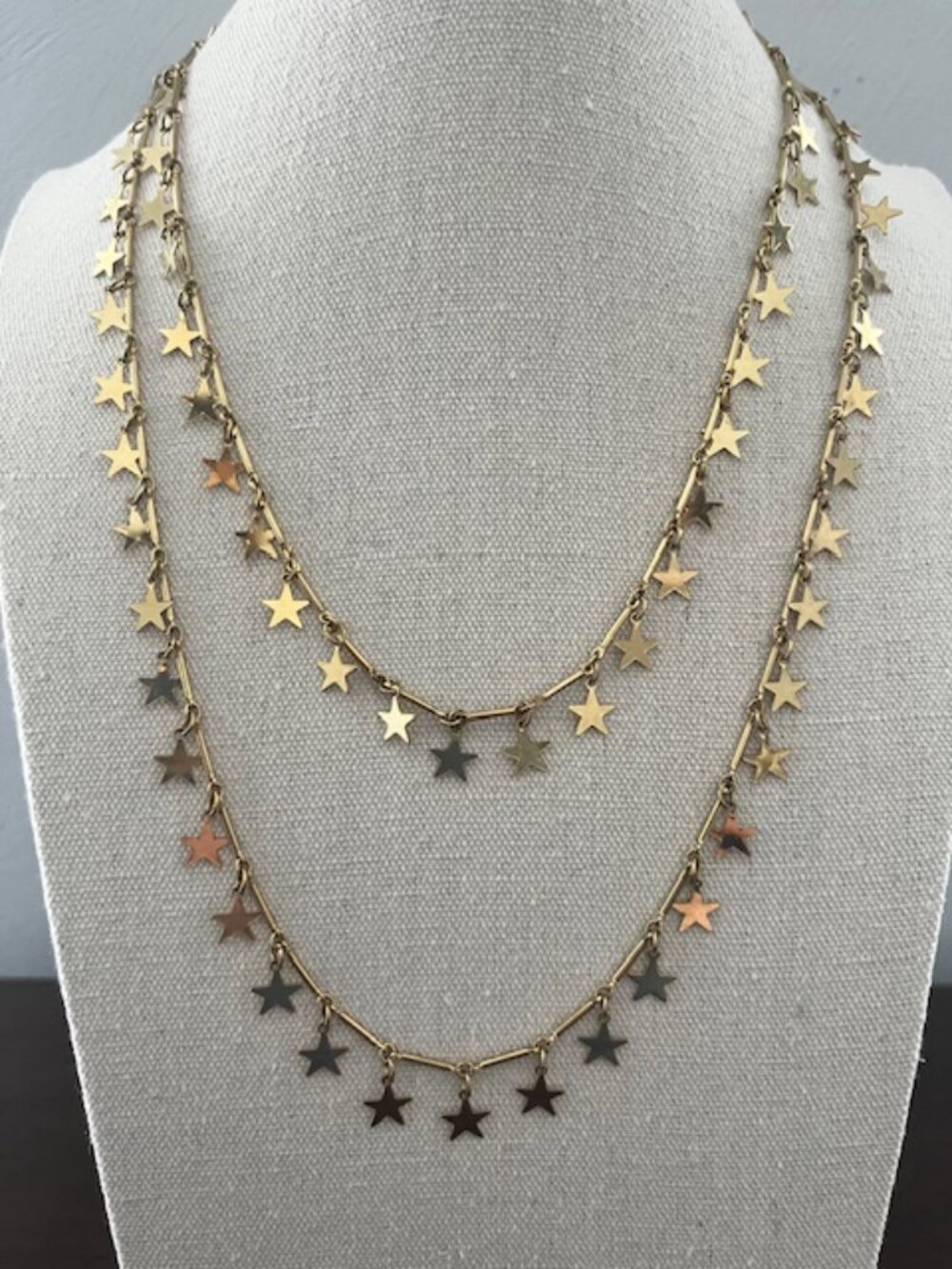 Vintage Star Fringe Necklace Charms Gold Tone 46" 1970s